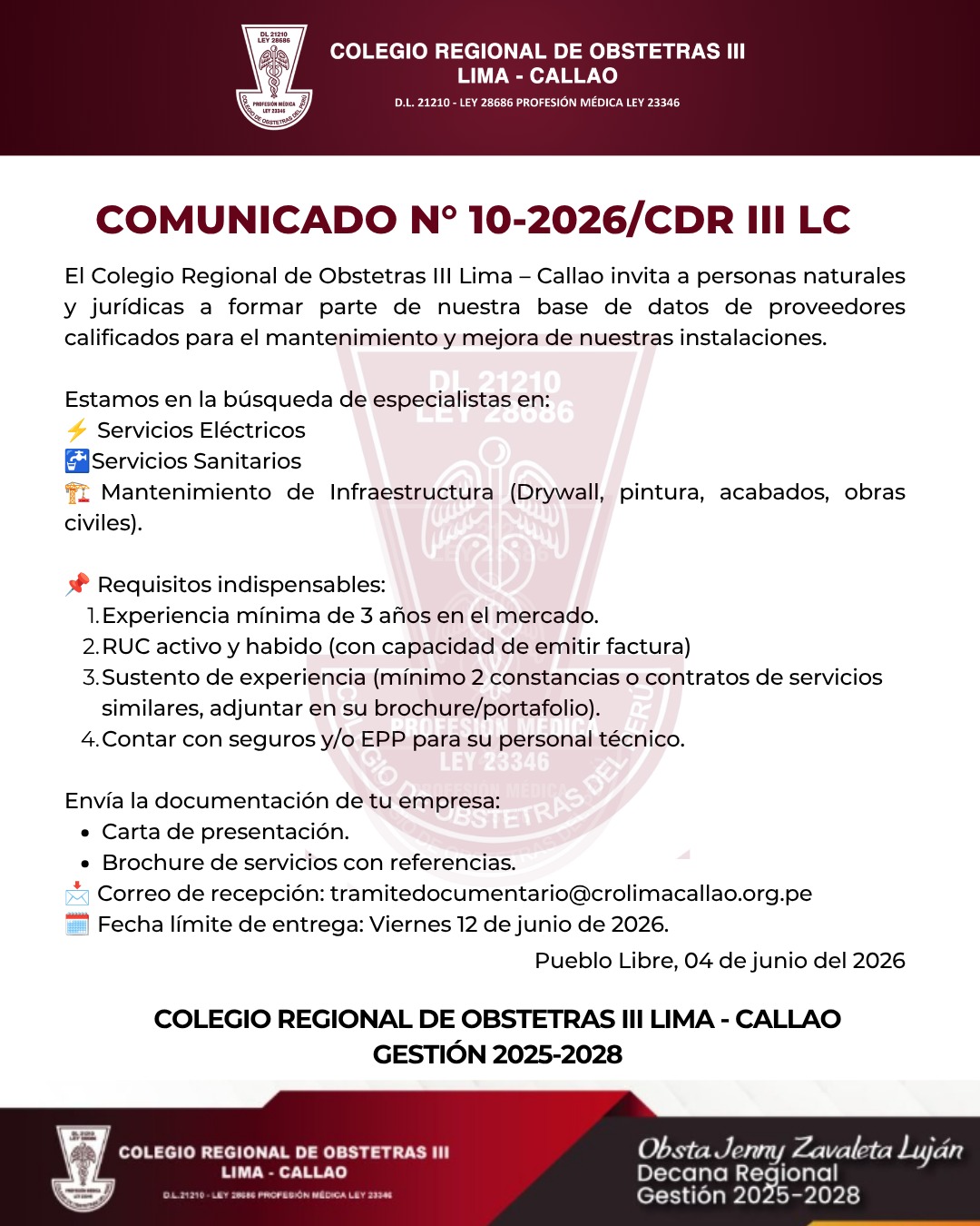 Comunicado solicitud ser parte de nuestros proveedores de mantenimiento